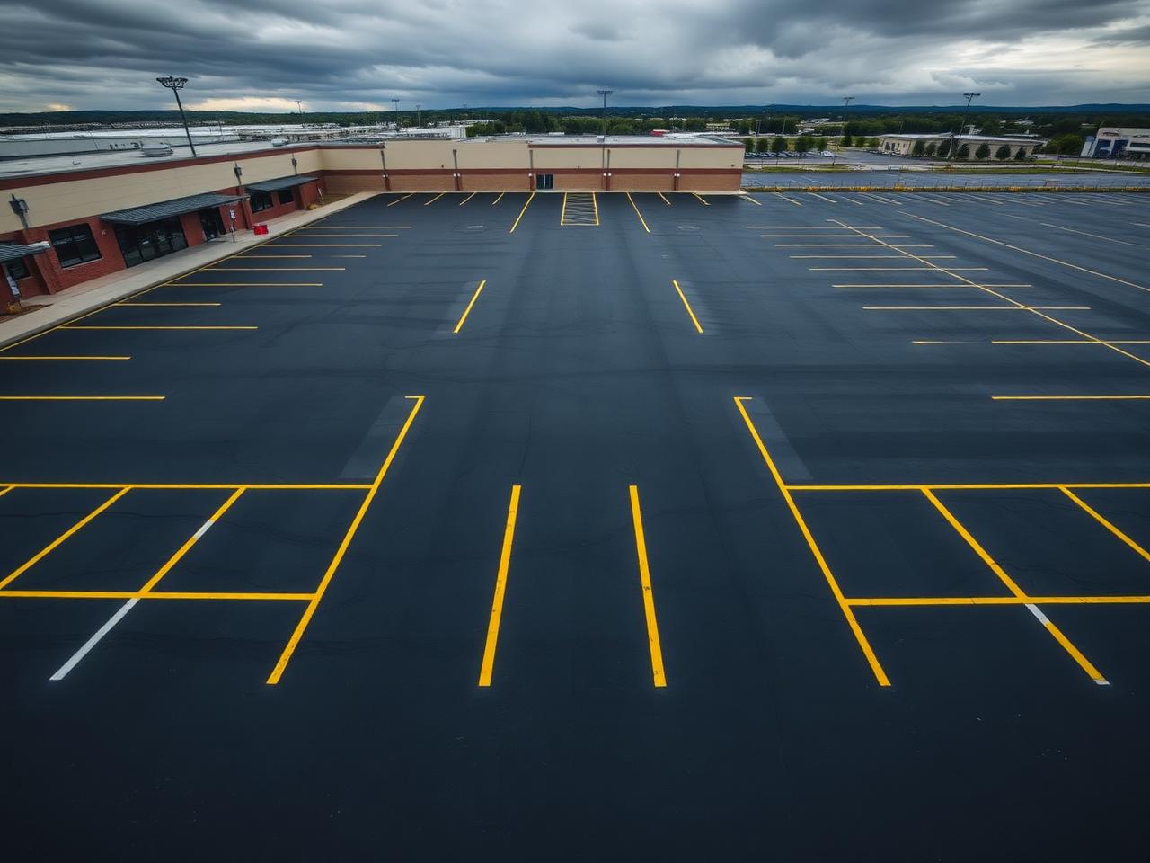 Newly paved commercial parking lot with fresh yellow striping