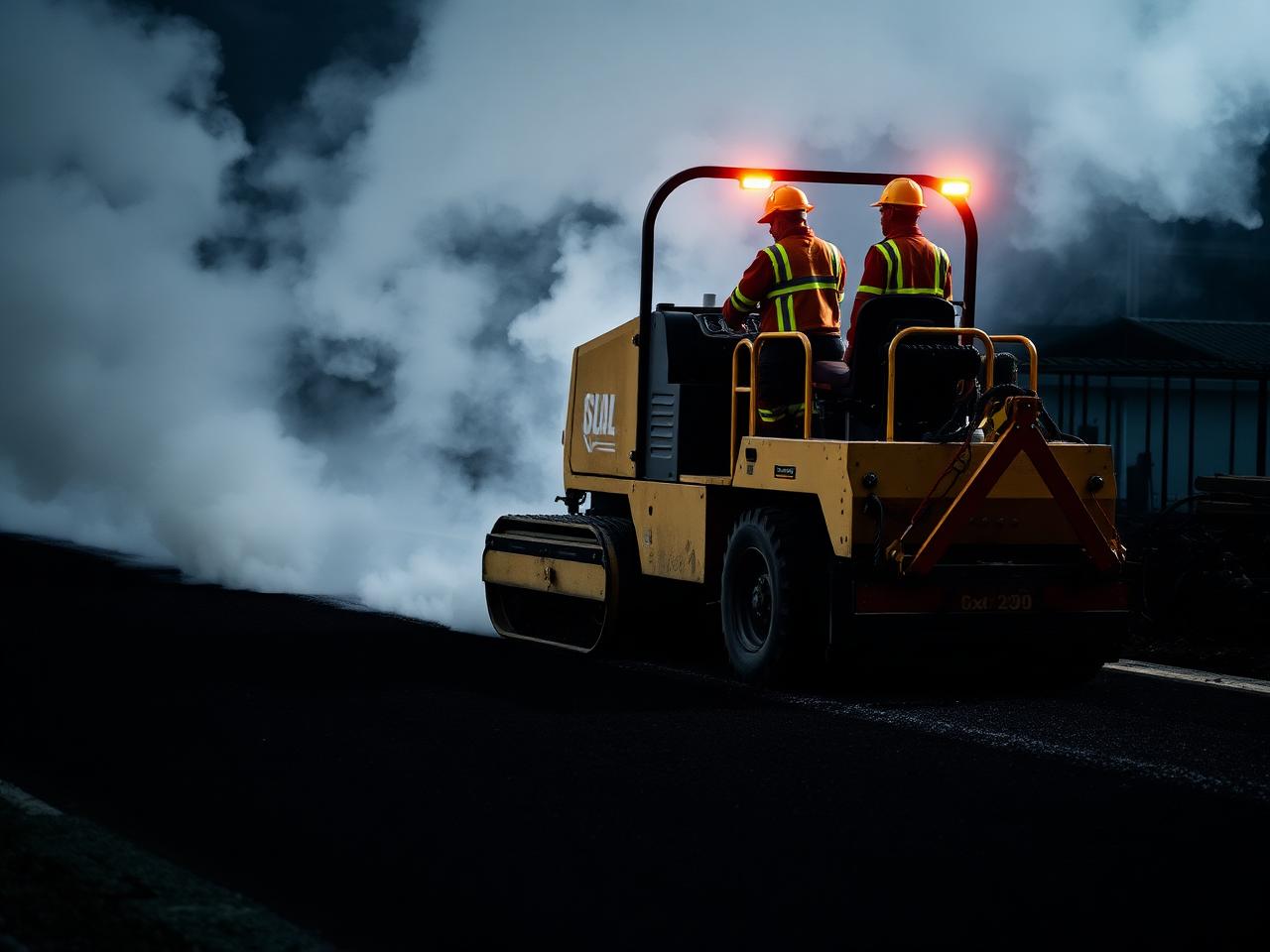 Paving crew compacting hot asphalt with a roller