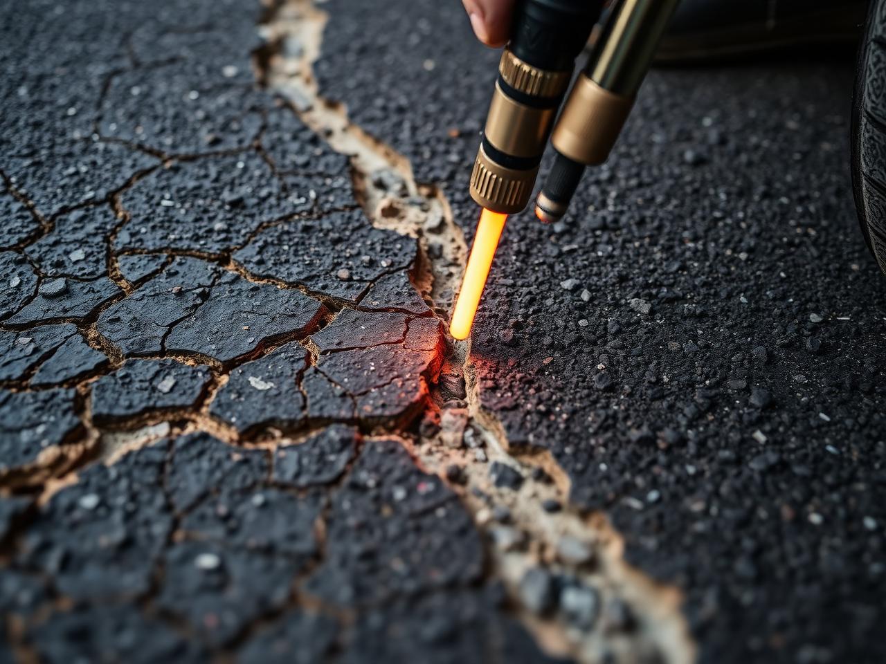 Crack repair being performed on a damaged asphalt surface