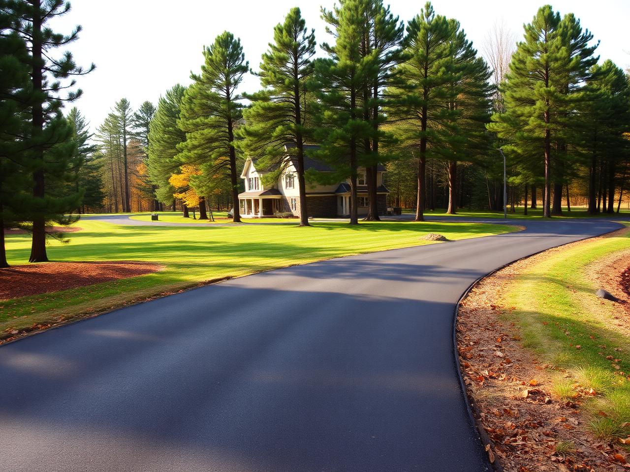 Long resurfaced asphalt driveway curving through pine trees
