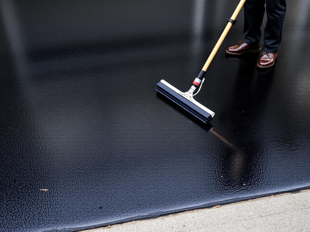 Glossy black sealcoat being applied to an asphalt driveway